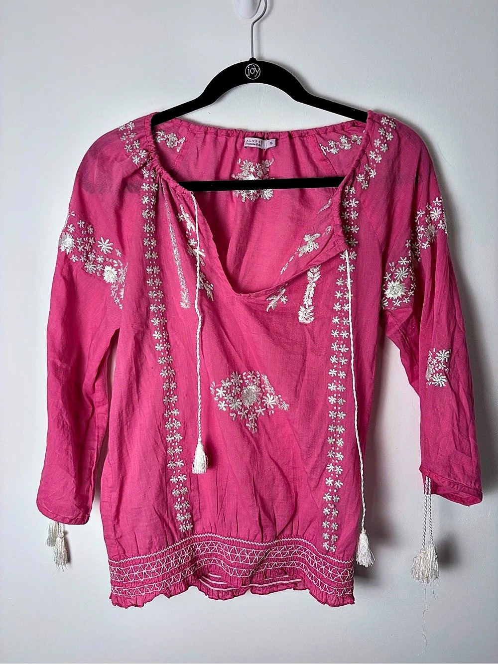 Calypso Christiane Celle Pink Embroidered Cotton Tassel Blouse S